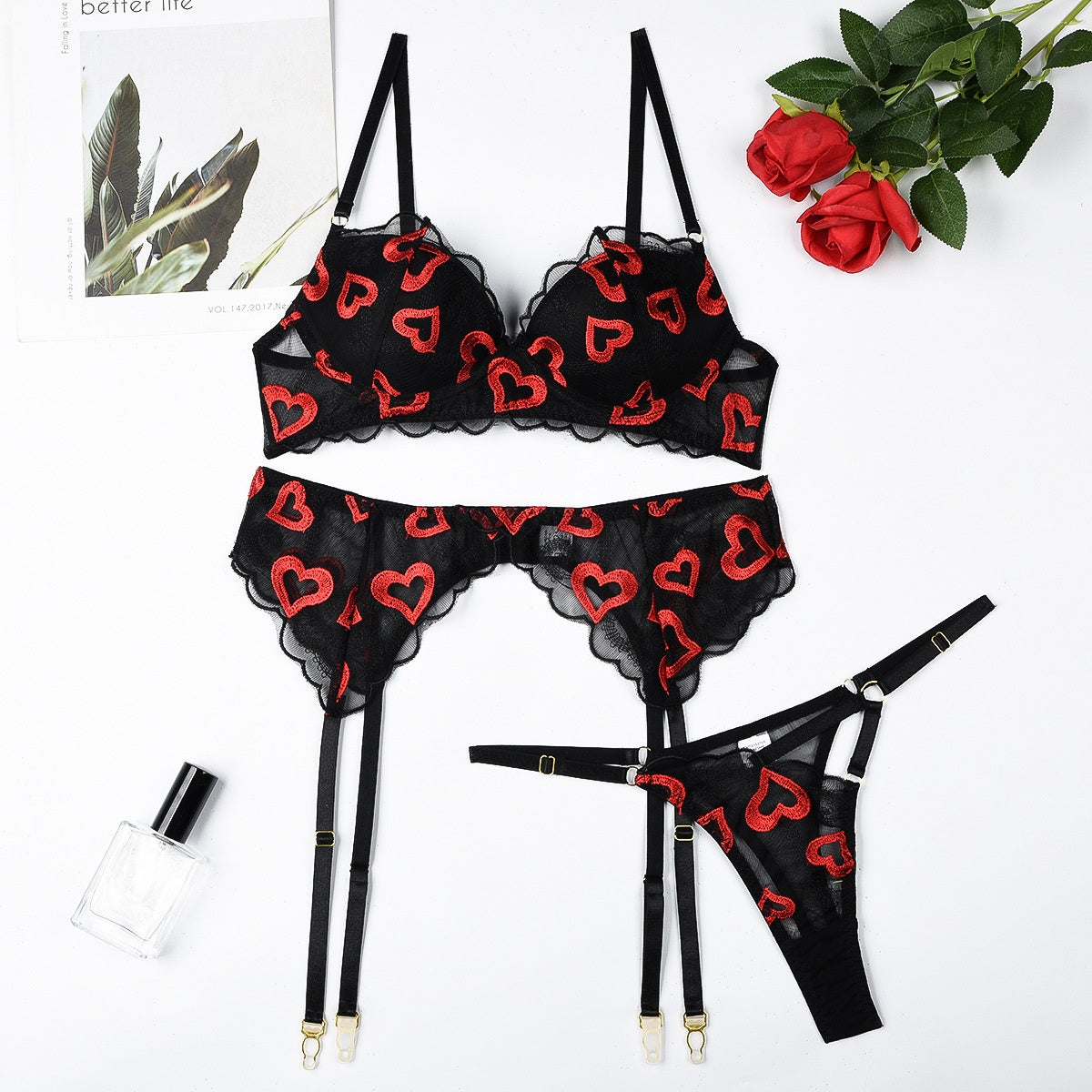 Red Lips Embroidery Gathered Molded Cup Sexy Three-Piece Set eprolo