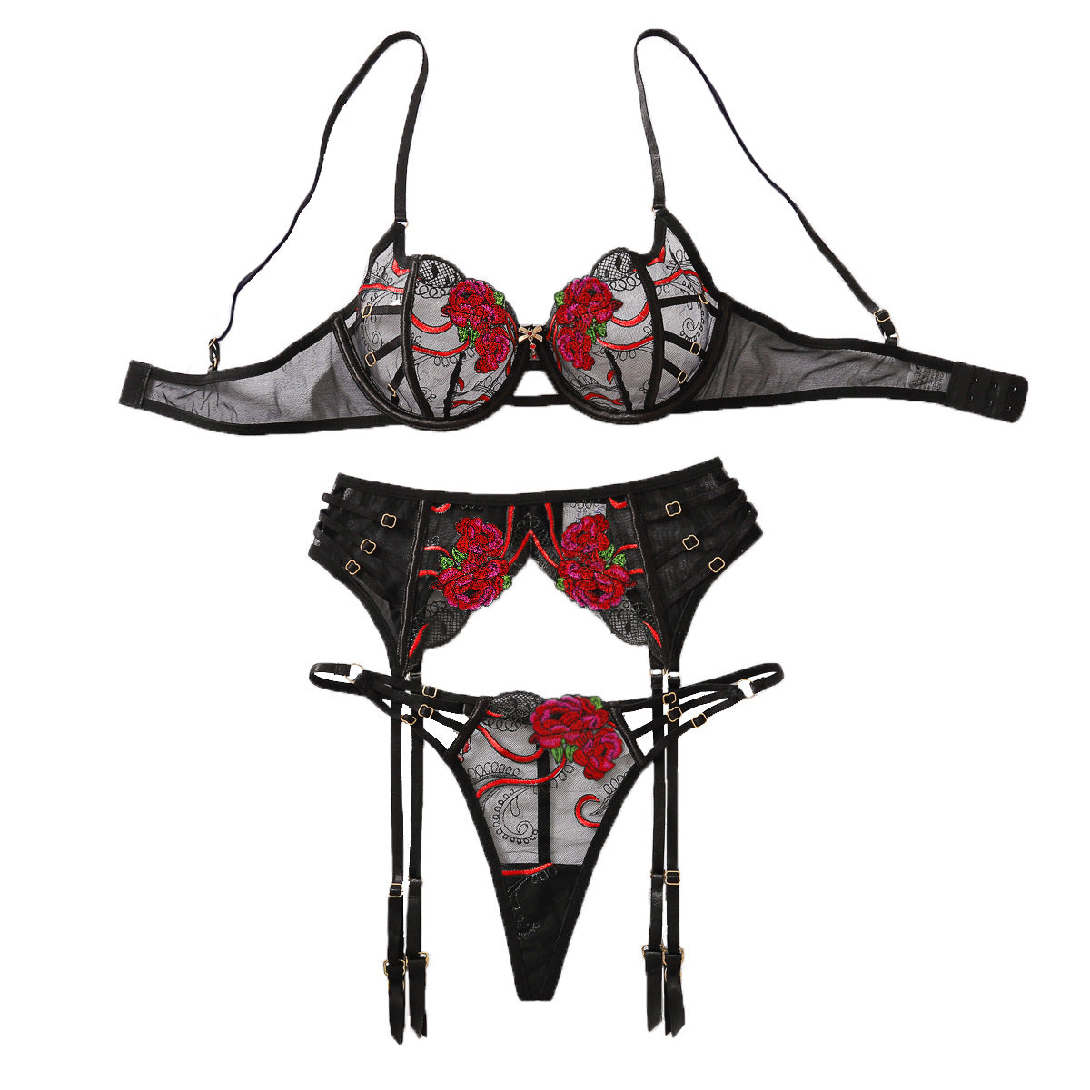 Embroidered sexy three-point style erotic lingerie gathering bra three piece set eprolo
