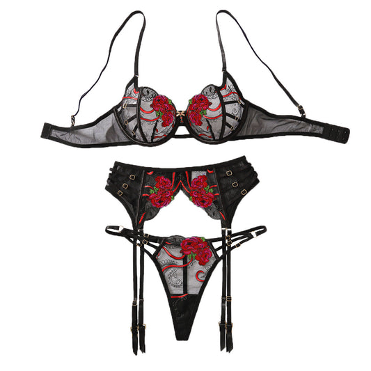 Embroidered sexy three-point style erotic lingerie gathering bra three piece set eprolo