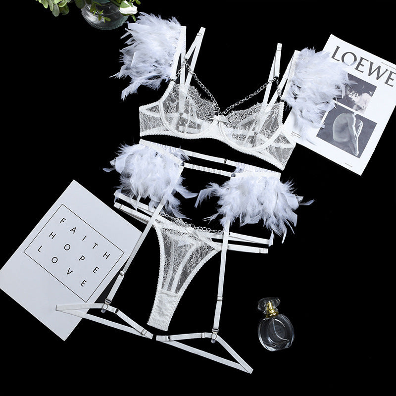 Feather Sexy Lingerie with Chain Lace Transparent Mesh Set for Women eprolo