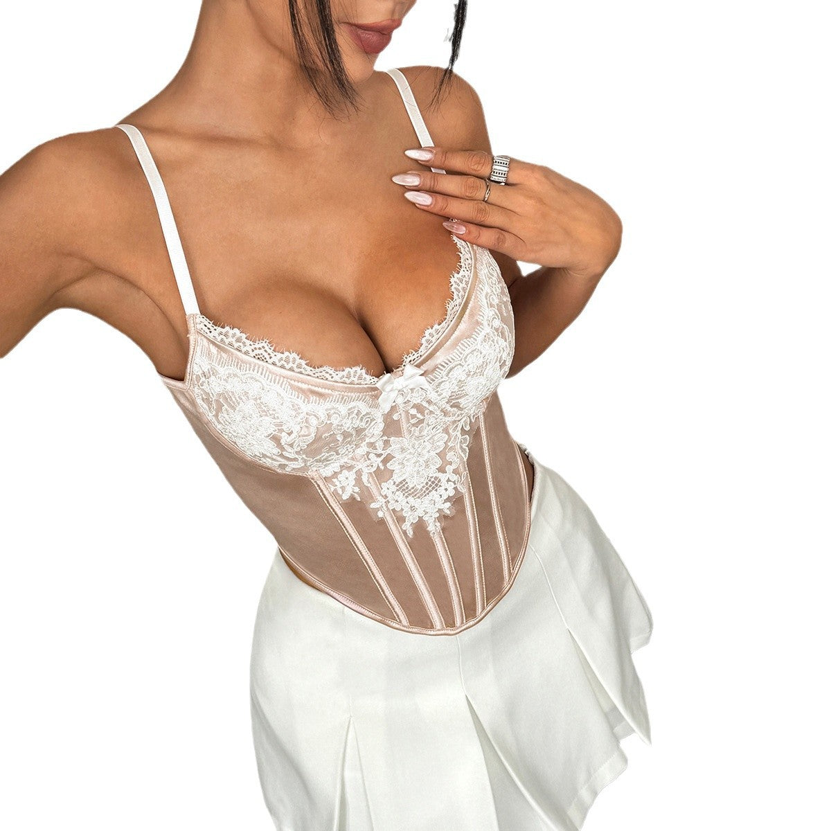 Lace Floral Mesh Satin Boned Vest – Steel Ring Diamond Back Strapless Top in Apricot | KYLALINGERIE