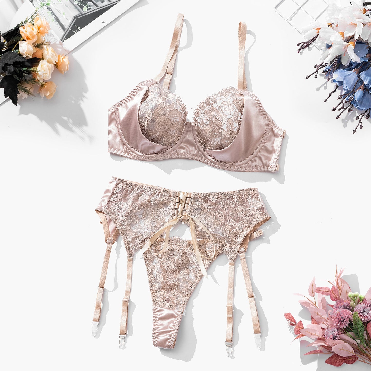 Sexy Lingerie Set with Ribbon Splicing and Flower Embroidery - Suspender Bra Suit eprolo