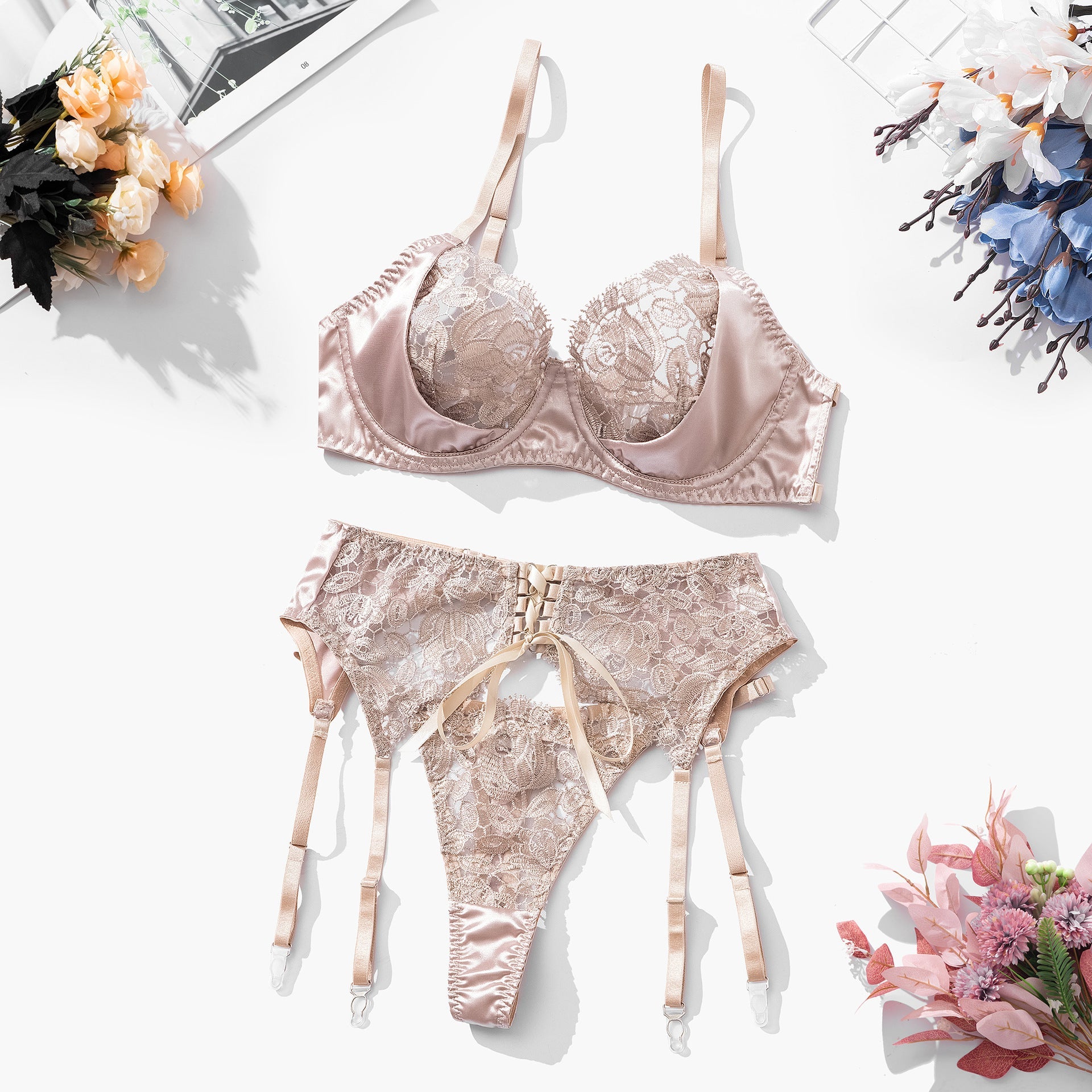 Sexy Lingerie Set with Ribbon Splicing and Flower Embroidery - Suspender Bra Suit eprolo