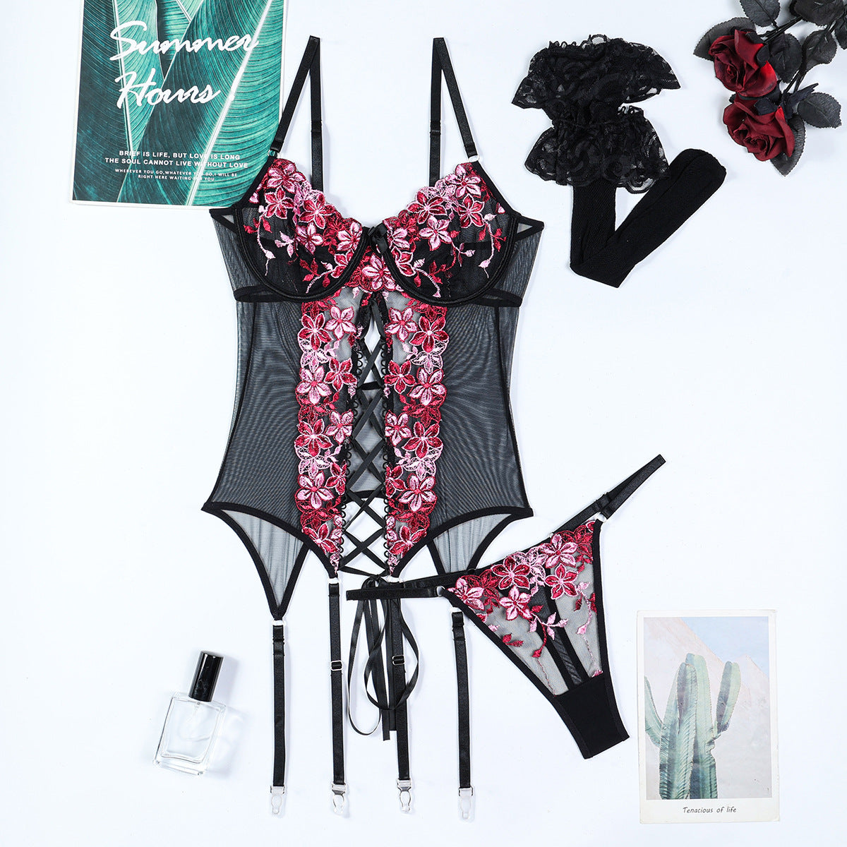 Embroidered Flower Slit Strap Sexy Lingerie European and American Women's Clothing Strap Set Stockings Three-Piece Erotic Set eprolo