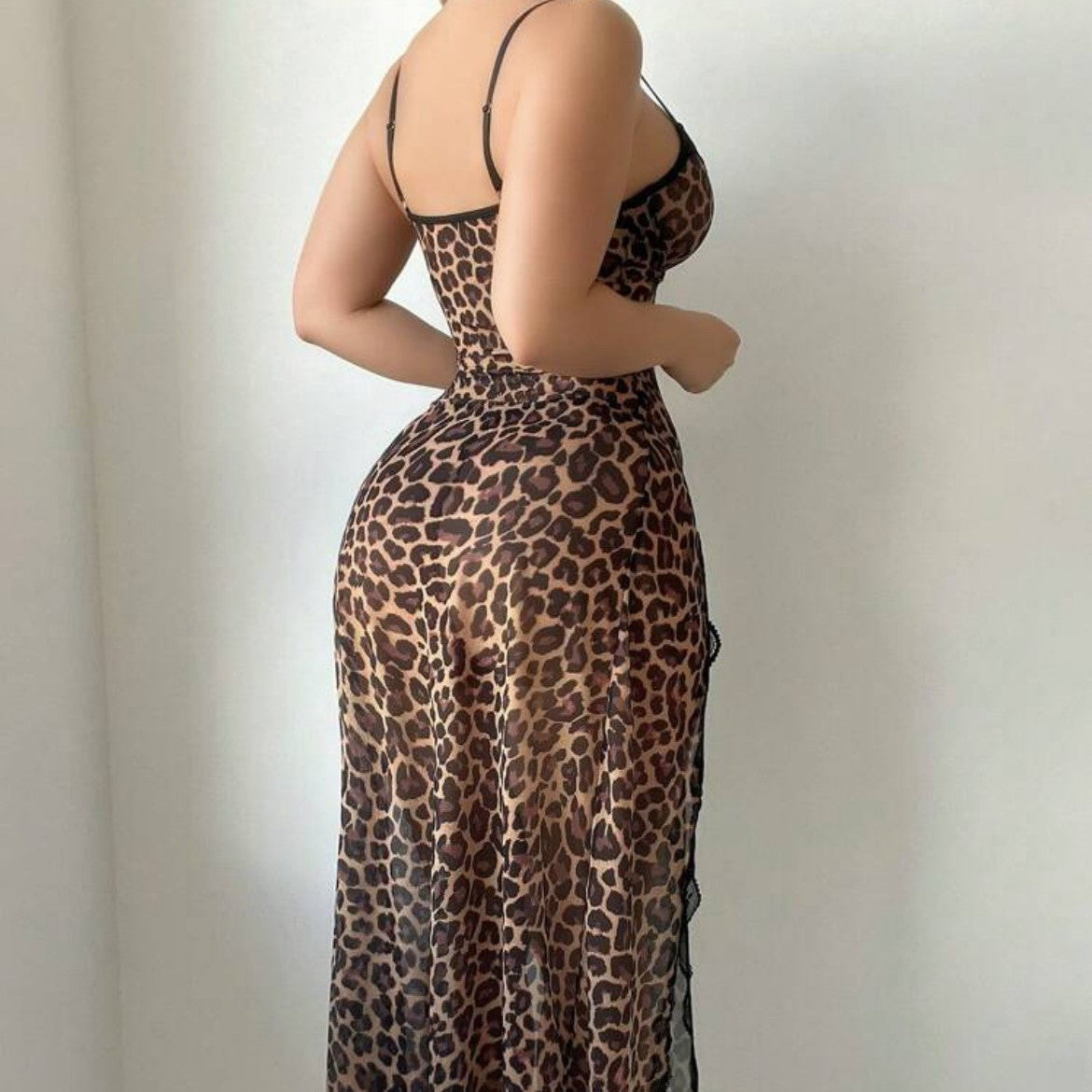 Sexy Transparent Leopard Print Nightgown and Lingerie Set eprolo