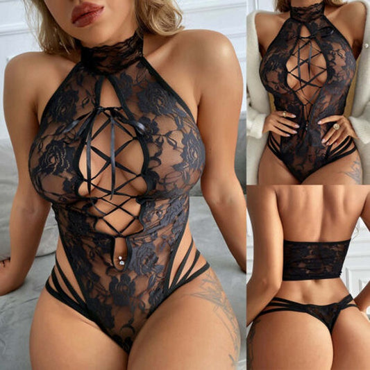 Sexy lace hollow straps see-through cat girl jumpsuit by eprolo, featuring a revealing lingerie design with intricate lace details.