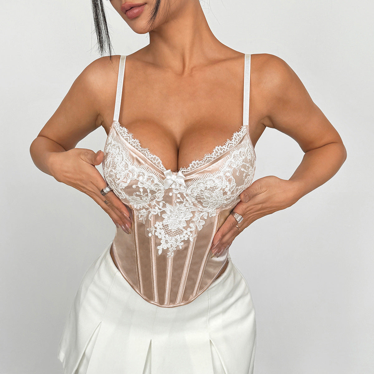 Lace Floral Mesh Satin Boned Vest – Steel Ring Diamond Back Strapless Top in Apricot | KYLALINGERIE