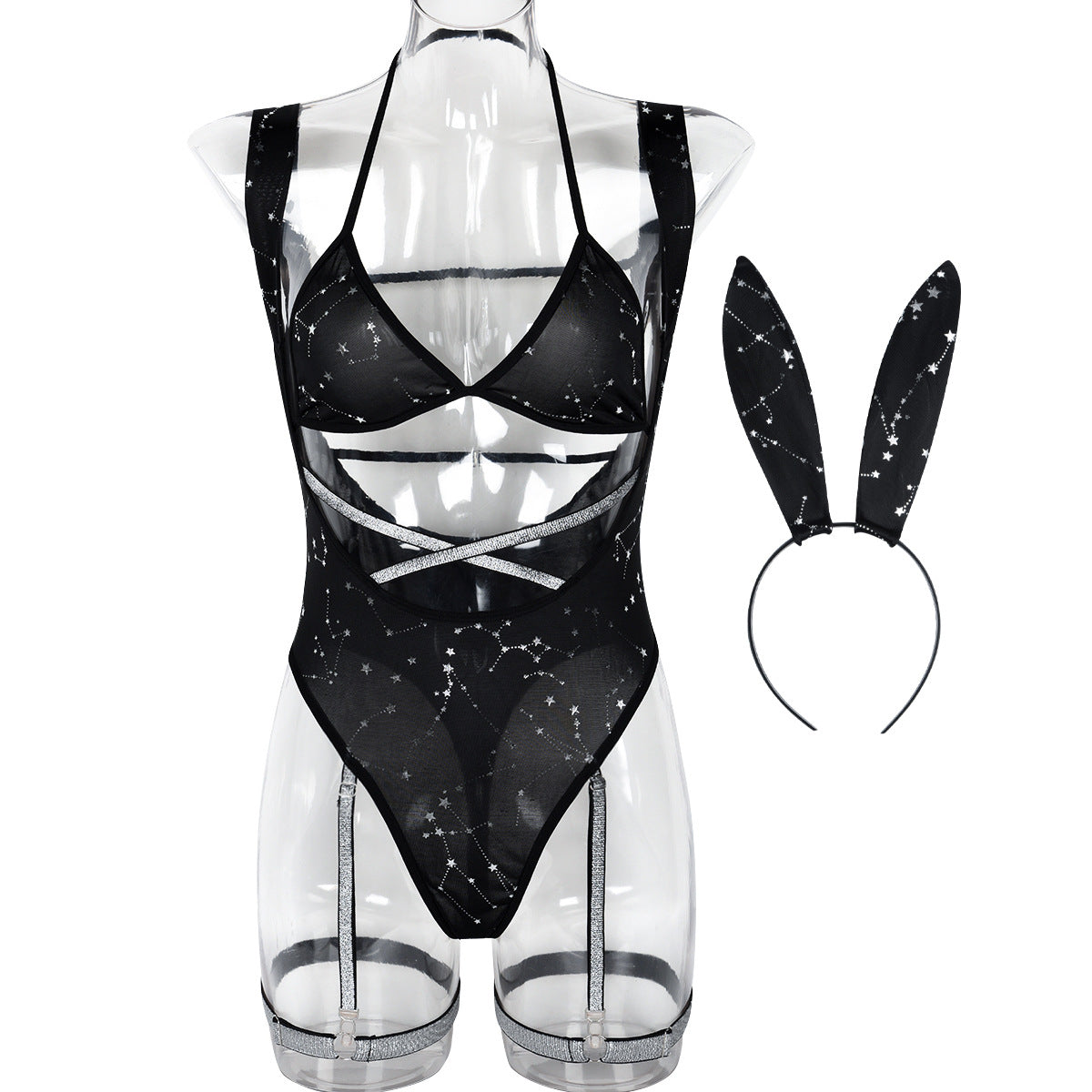 Bunny Girl Cosplay Lingerie Set – Hollow-Out Bodysuit with Ears in Black | KYLALINGERIE