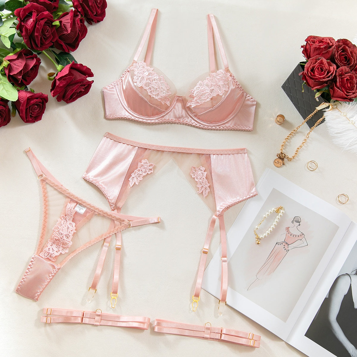Women's Sheer Mesh Lingerie Set – Lace Embroidery Push-Up Bra, Thong & Garter 4-Piece