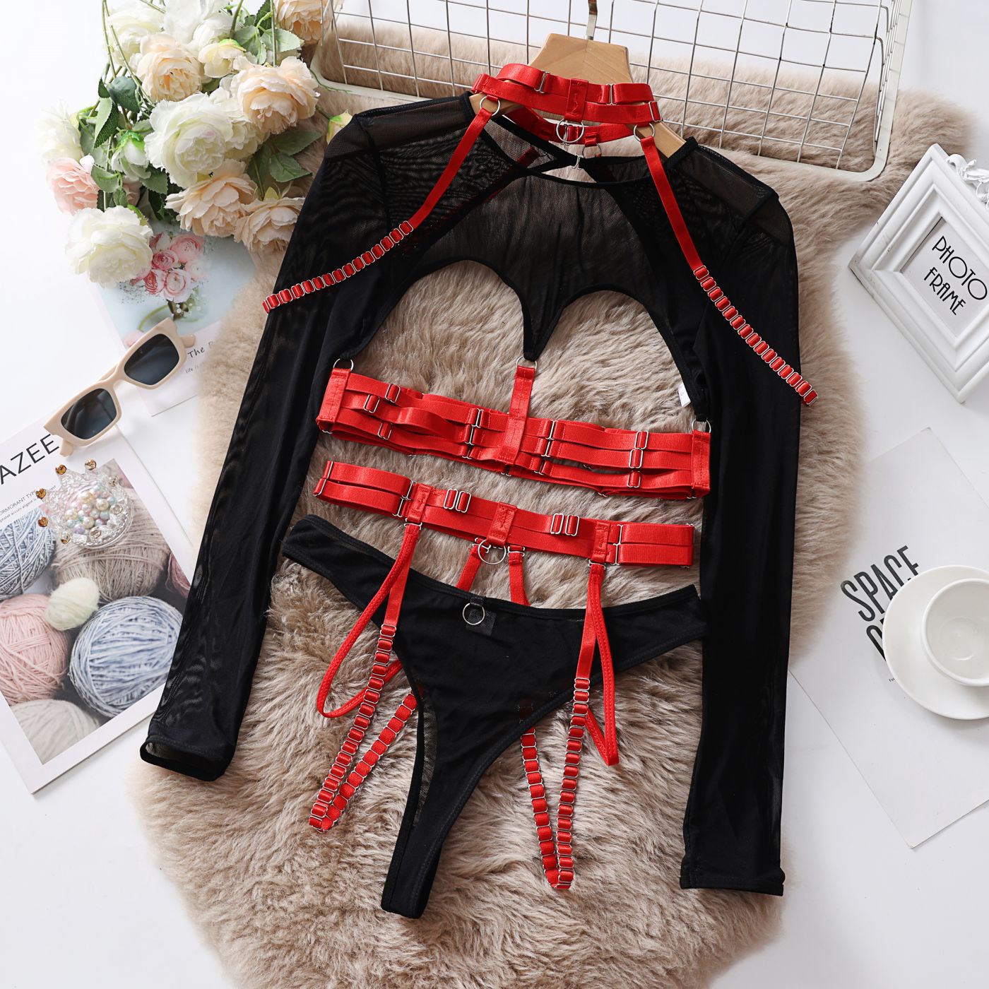 Sexy lingerie strap underwear set with splicing hollow-out design, featuring five-piece erotic underwear by eprolo.