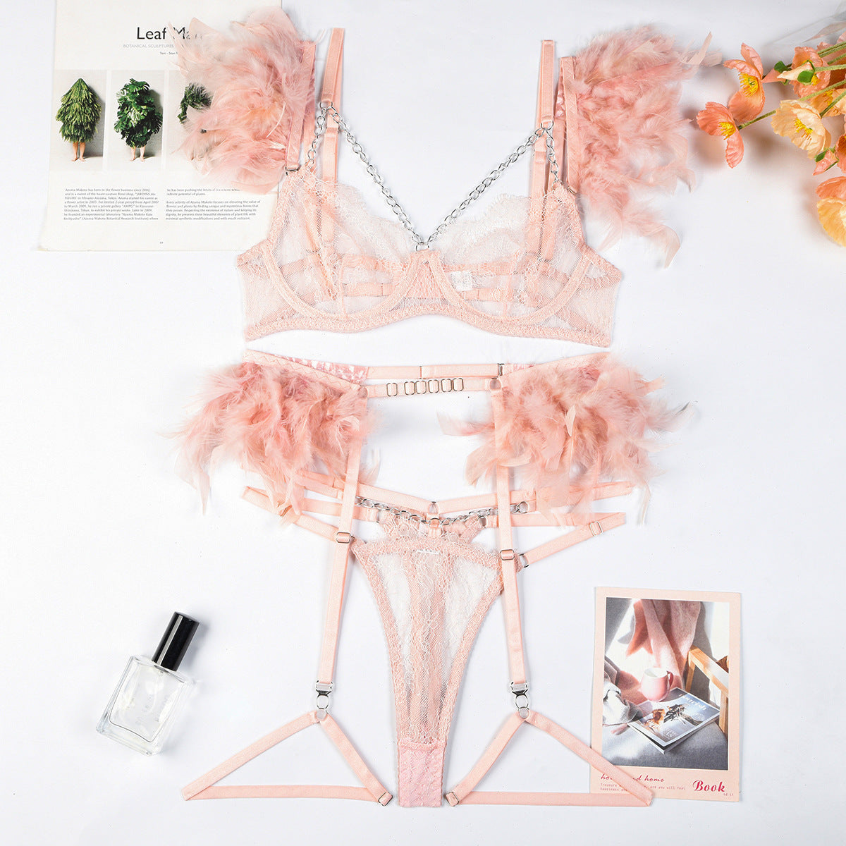 Feather Sexy Lingerie with Chain Lace Transparent Mesh Set for Women eprolo