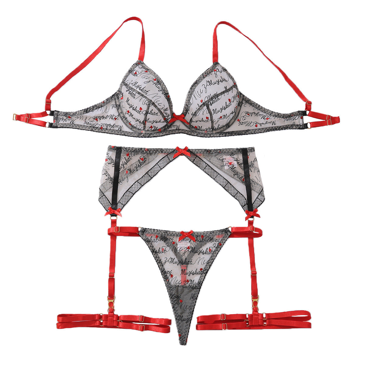 Women's Heart Embroidery Bow Lingerie Set – Body Shaping Lace Bra & Split Panties