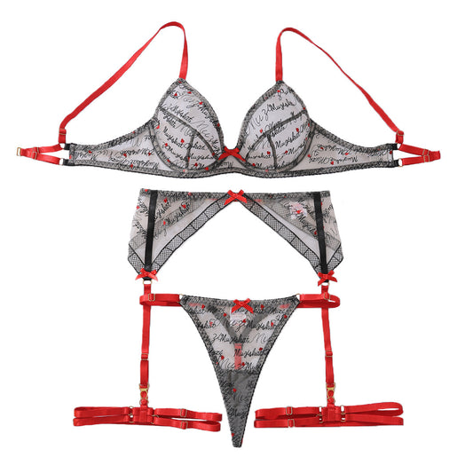 Women's Heart Embroidery Bow Lingerie Set – Body Shaping Lace Bra & Split Panties