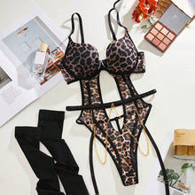 Sexy Leopard Print Jumpsuit Erotic Lingerie Set with Metal Chain Anklets and Stockings for Role Play