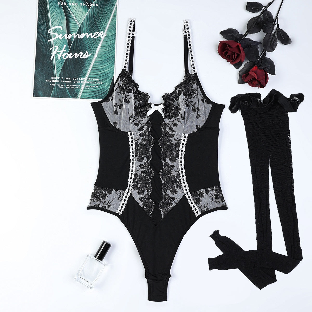Black and White Embroidered Spliced Stretchy Strapless Jumpsuit European and American Women's Lingerie Sexy Underwear Can Be Worn Alone Open Crotch