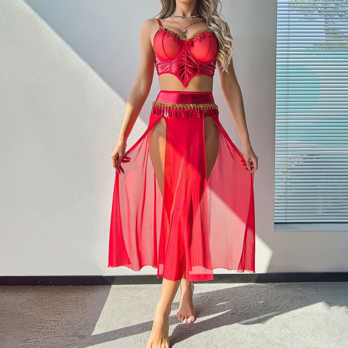 European and American Style Costume Dressing Party Red High-Waisted Slit Sheer Skirt Three-Piece Set Women's Lingerie eprolo