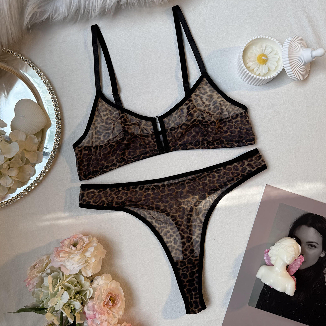 Sexy Lingerie Set -  Leopard Print Erotic French Bra Ultra-thin Mesh Underwear eprolo