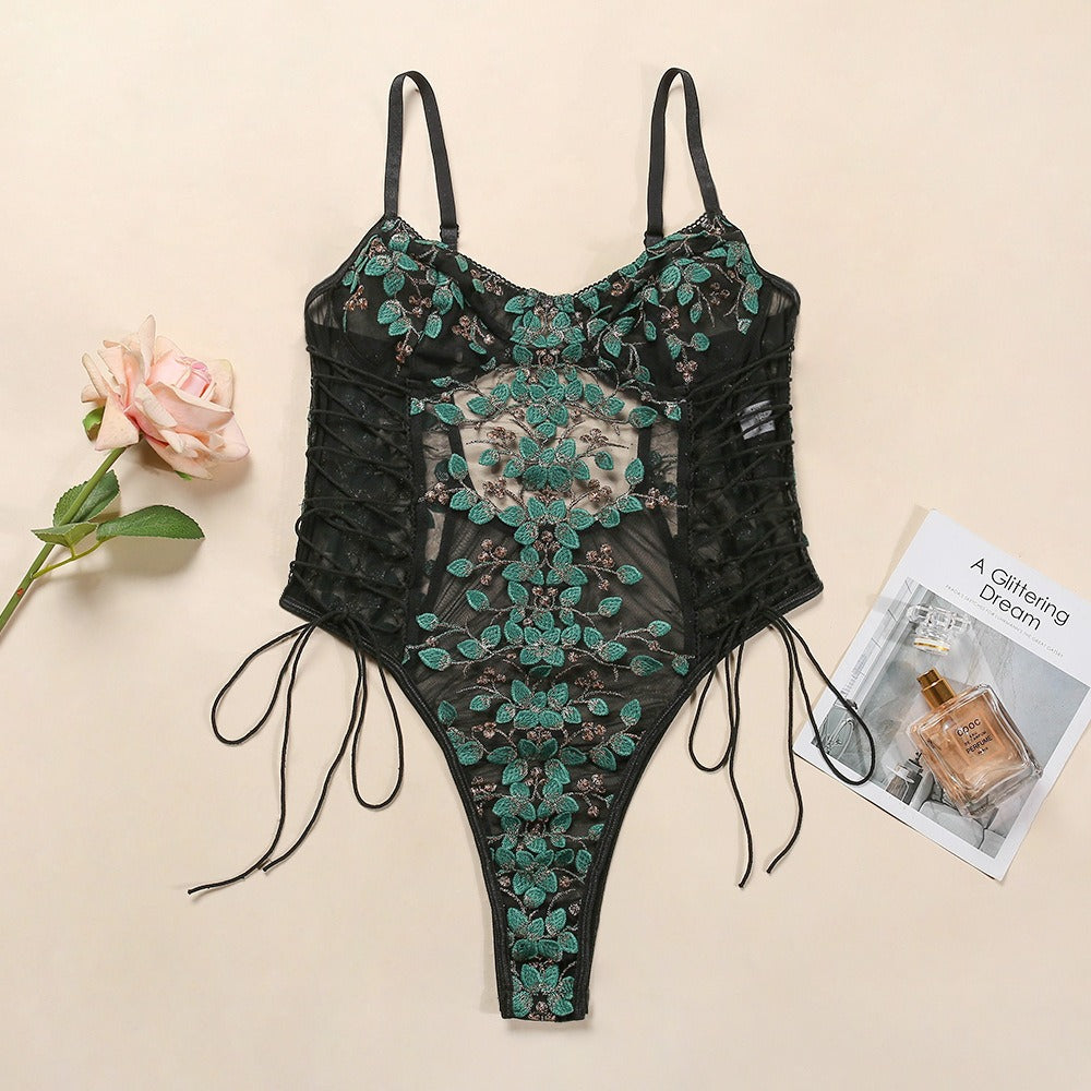 Erotic Lingerie Lace Flower Embroidery Lace-Up Sexy Perspective Temptation Jumpsuit For Women eprolo