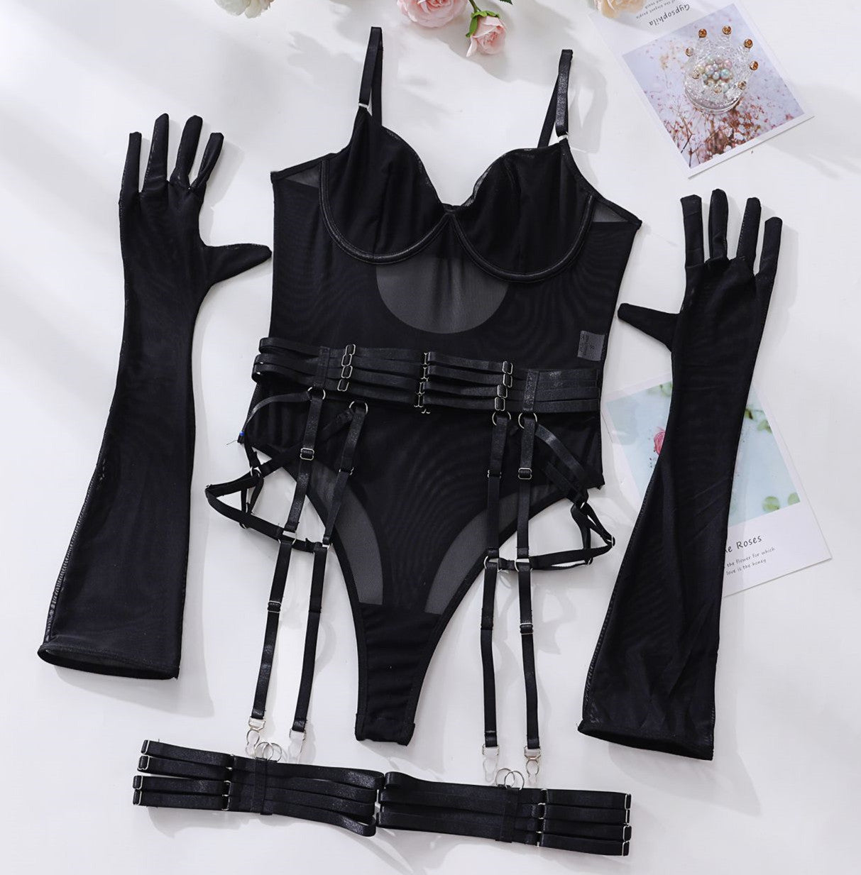 Tulle Bodysuit Lingerie Set with Gloves & Garter – Sheer Mesh Underwear