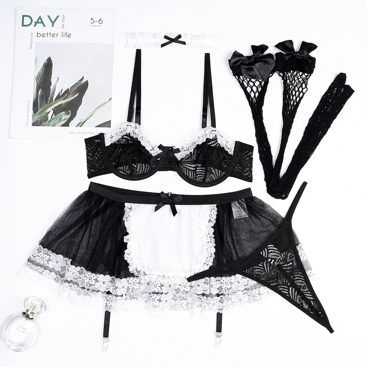 Black and White Lace Color Block Multi-layer Ruffle Sexy Maid Uniform Set with Fishnet Stockings 5-piece Set eprolo