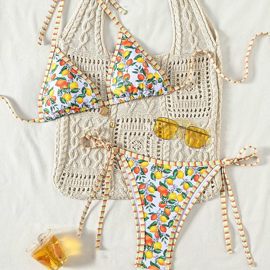 Women's Fruit Print Tie-Strap Sexy Bikini Two-Piece Swimsuit eprolo