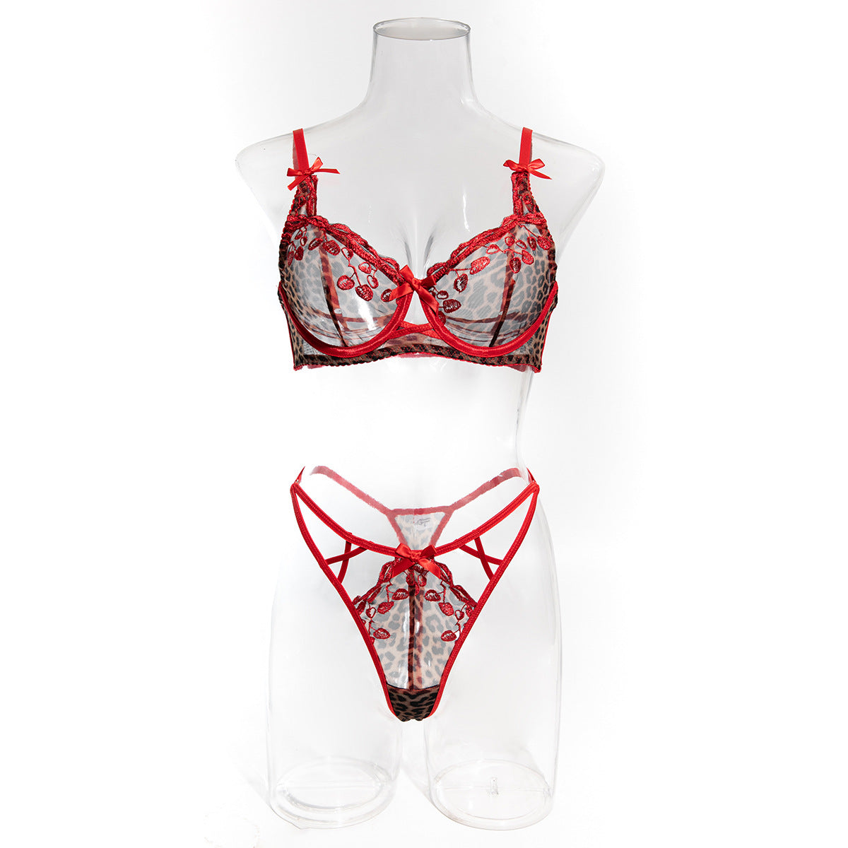 Sexy Leopard Print Red Embroidered Cherry Thin Push-Up Bow Bra Women's Two-Piece Set eprolo