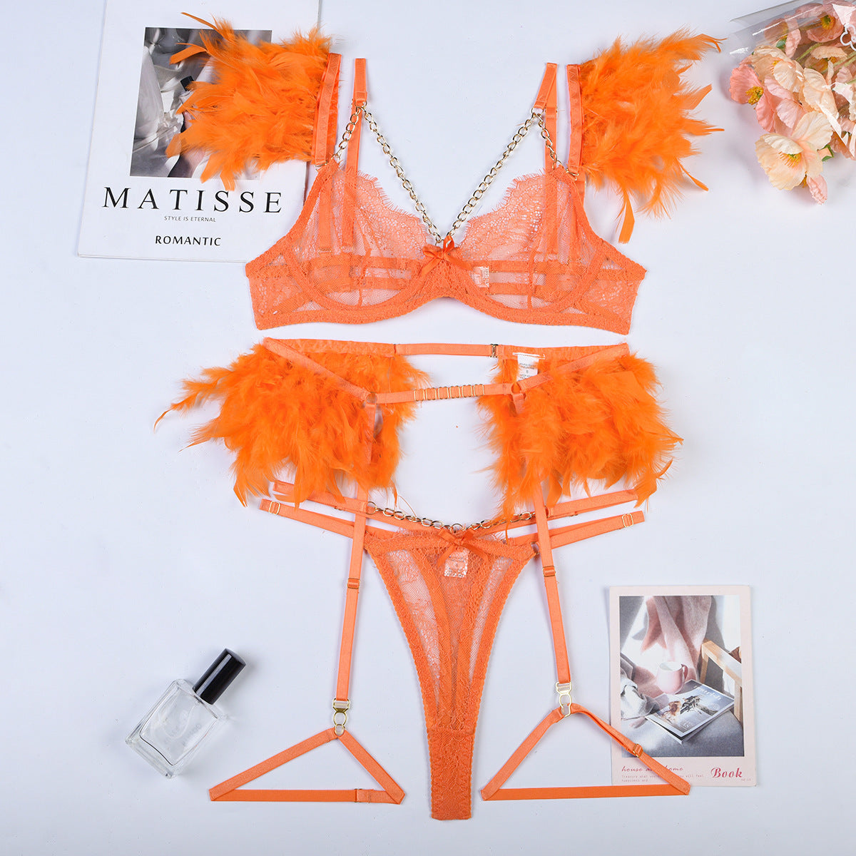 Feather Sexy Lingerie with Chain Lace Transparent Mesh Set for Women eprolo