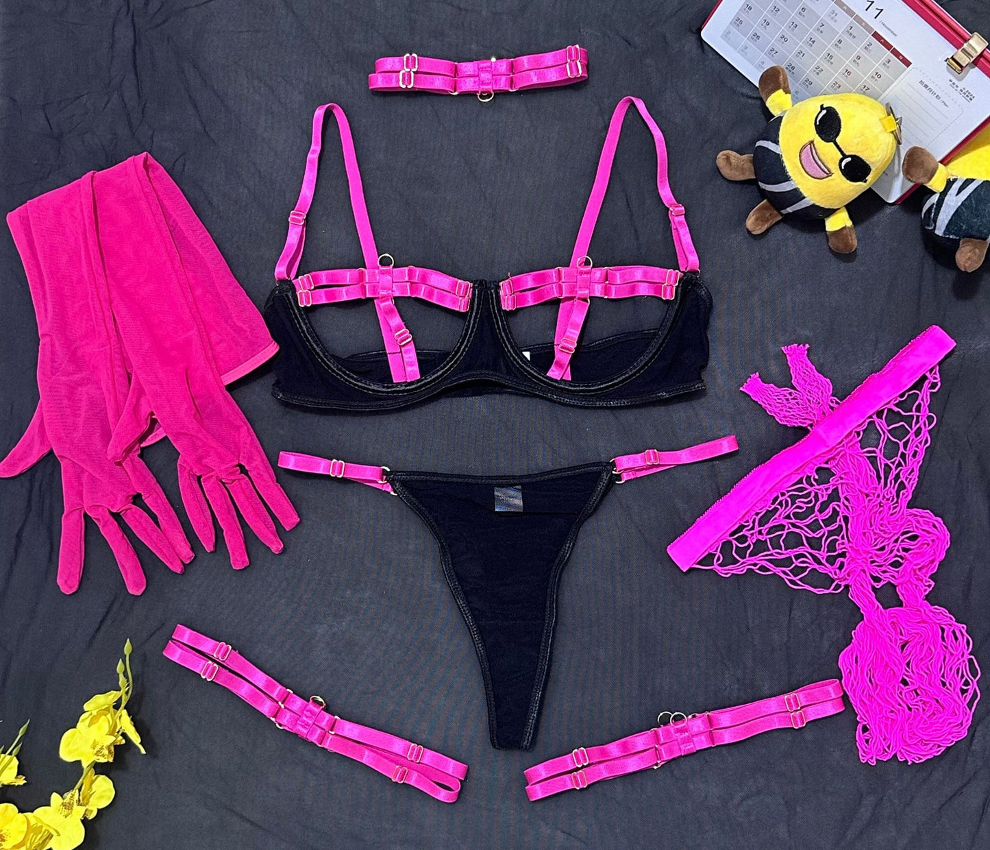Rose Red Lace Lingerie Set – 3-Piece Sexy Underwear for Women