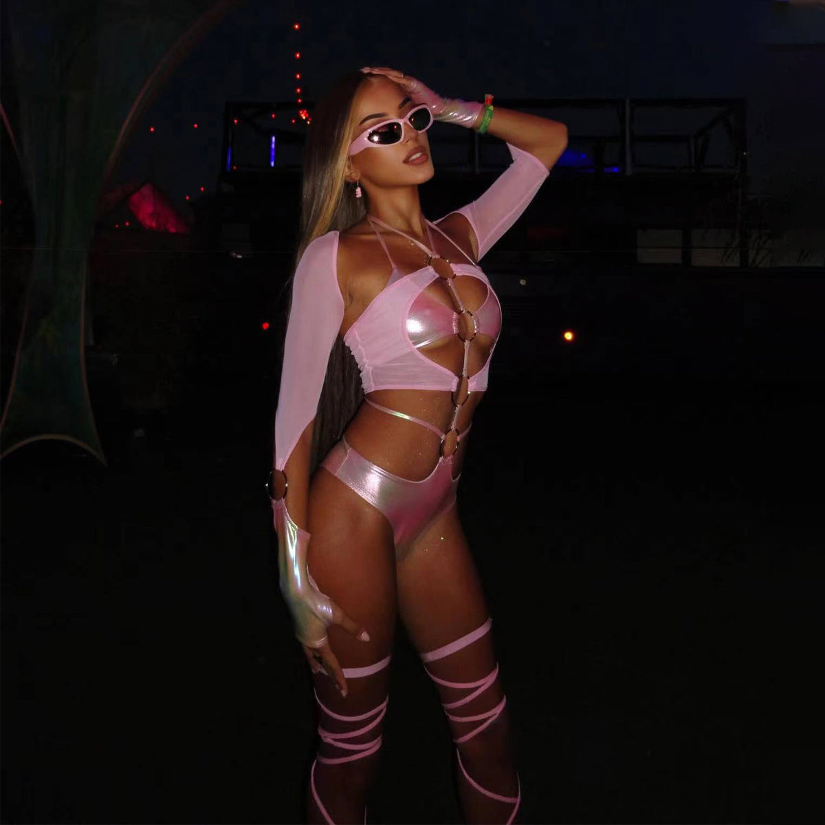 New Pure Desire Mesh Splicing Leather jumpsuit eprolo