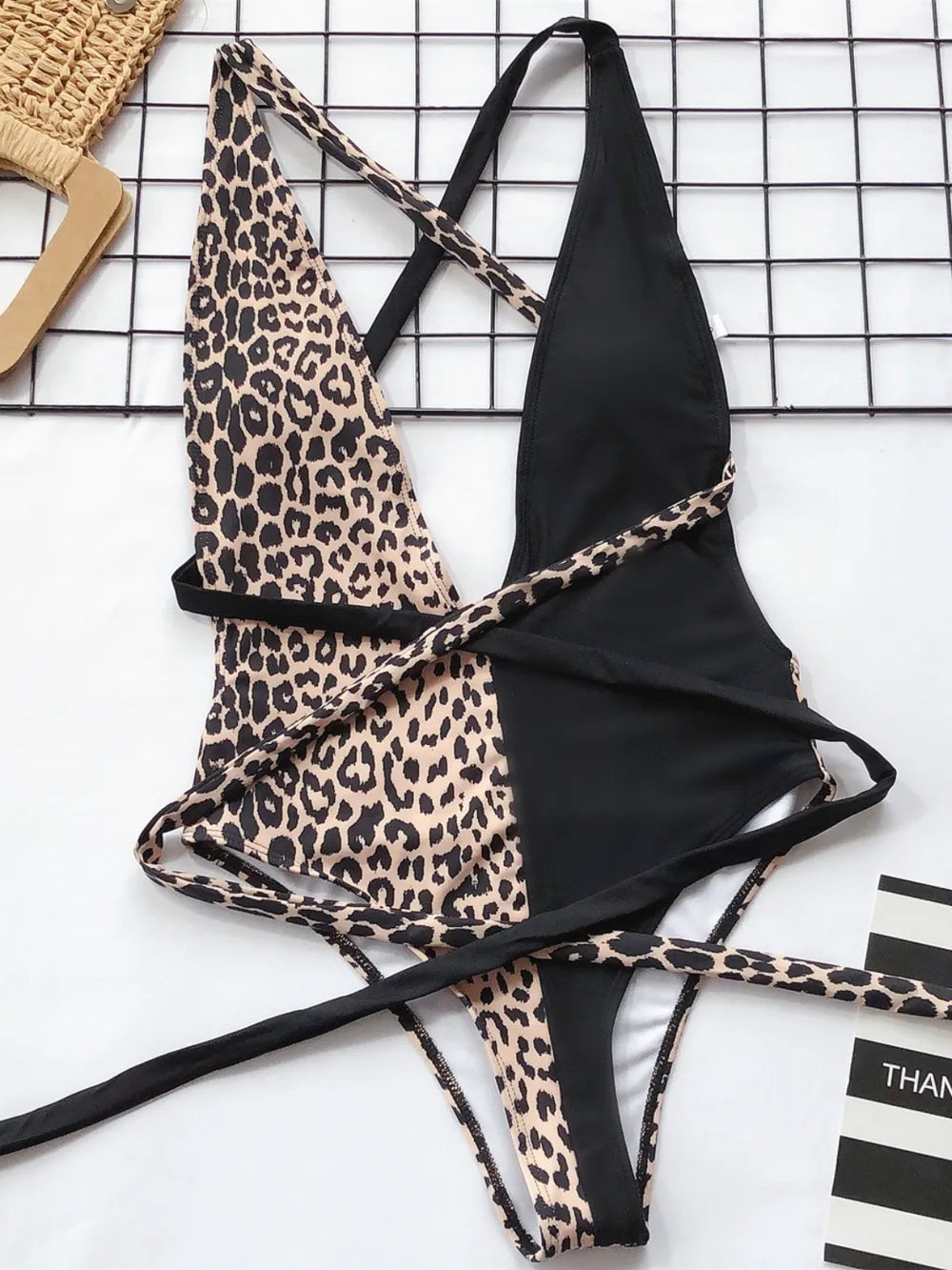 Leopard Print Lace-Up V-Neck One-Piece Swimsuit | Women's Swimwear
