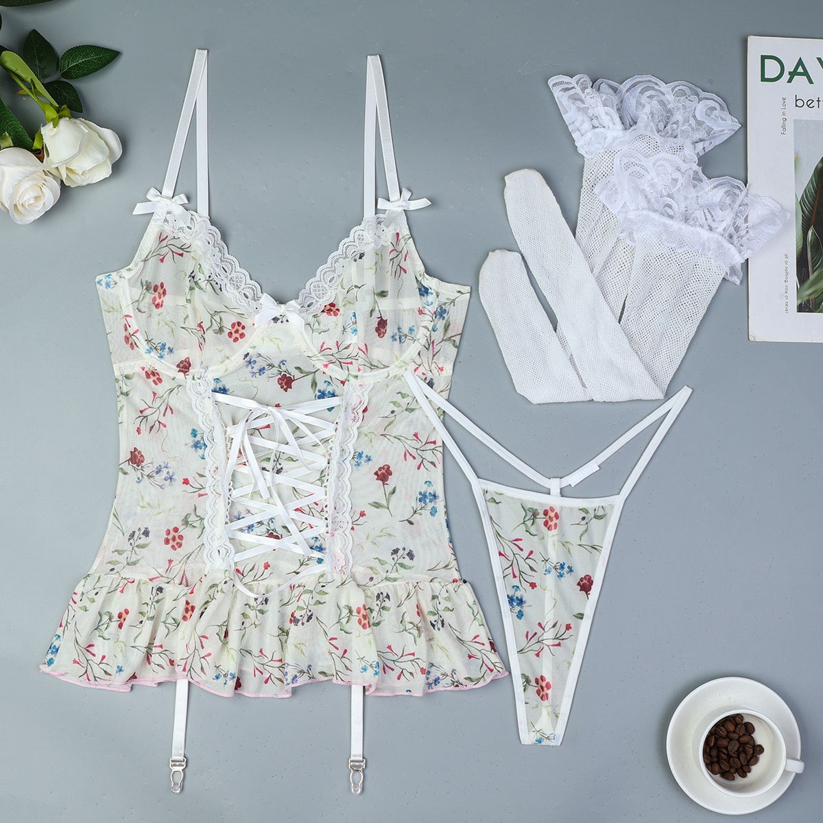Lace Splicing Elastic Mesh Sexy Suspender Strap Design with Steel Ring Three-Piece Set eprolo