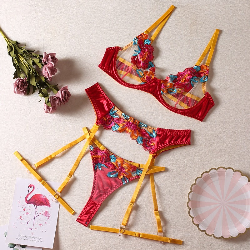 Sexy Colorful Embroidered Large Flowers With Steel Ring Bra Garter Belt Leggings Thong Erotic Underwear 4Pcs Set eprolo