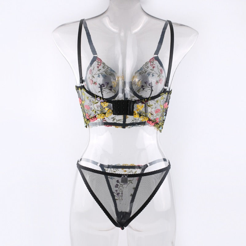 New Black Floral Embroidery with Fishbone Steel Ring Vest Sling Bra Pants Funny Underwear Set eprolo