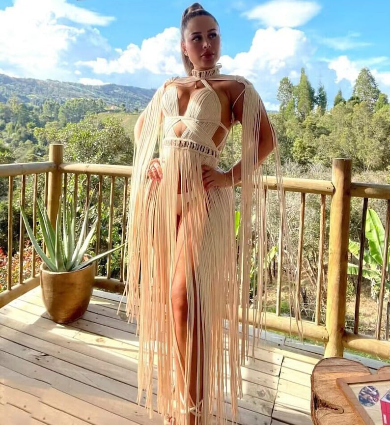 Women's handmade woven tassel long skirt, new creative Greek goddess outfit, beach travel sexy split body wrapped chest eprolo