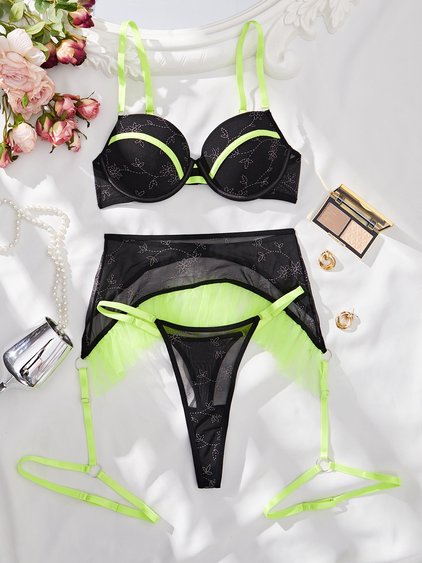 Color blocking perspective mesh sexy lingerie garter belt three piece set eprolo