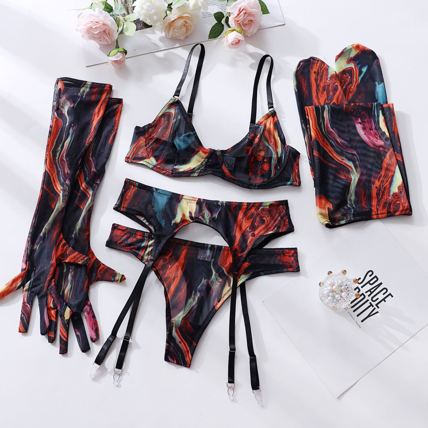 Lingerie Set with Gloves and Stockings - Mesh Printed Design eprolo