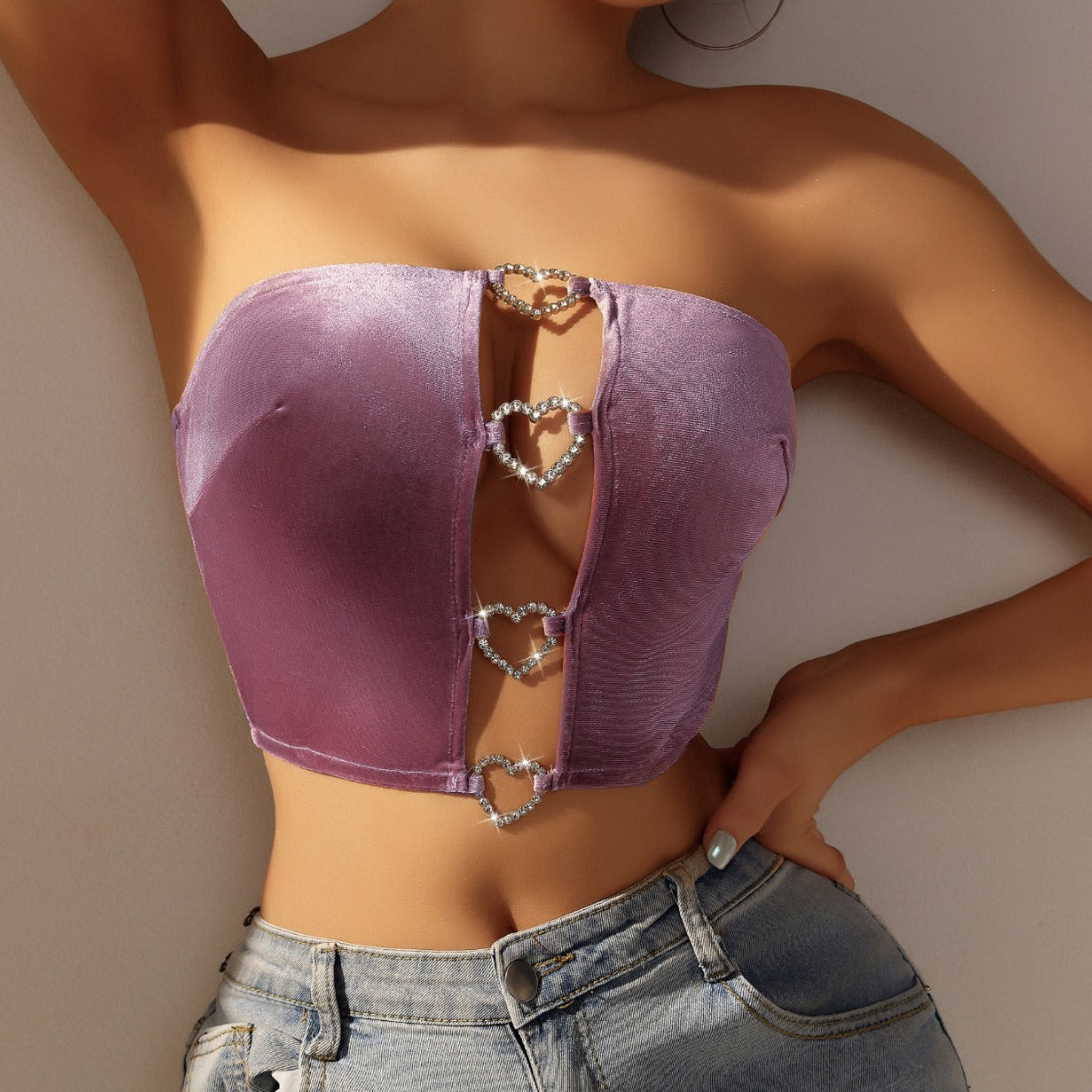 Heart Cut-Out Diamond Strapless Top – Rhinestone Crop Vest in Pink | KYLALINGERIE