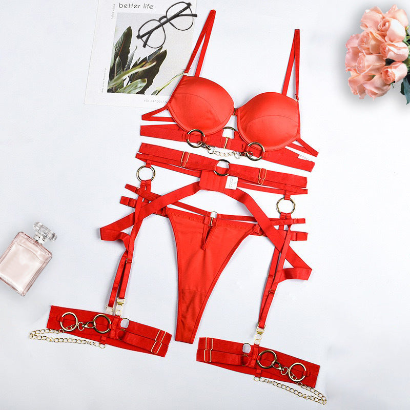 Sexy  Metal Chain Motorcycle Accessories Complex Craft Front Button Erotic Underwear Four-Piece Set eprolo
