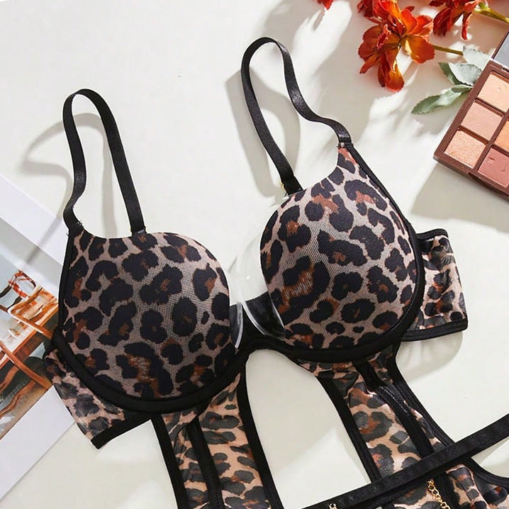 Sexy Leopard Print Jumpsuit Erotic Lingerie Set with Metal Chain Anklets and Stockings for Role Play