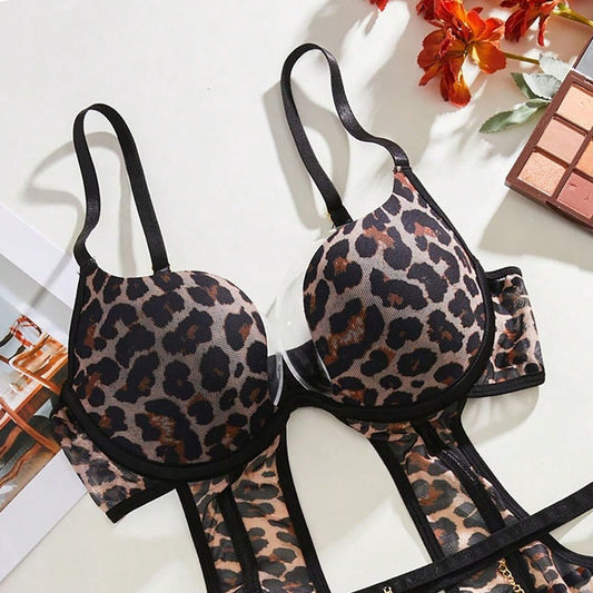 Sexy Leopard Print Jumpsuit Erotic Lingerie Set with Metal Chain Anklets and Stockings for Role Play