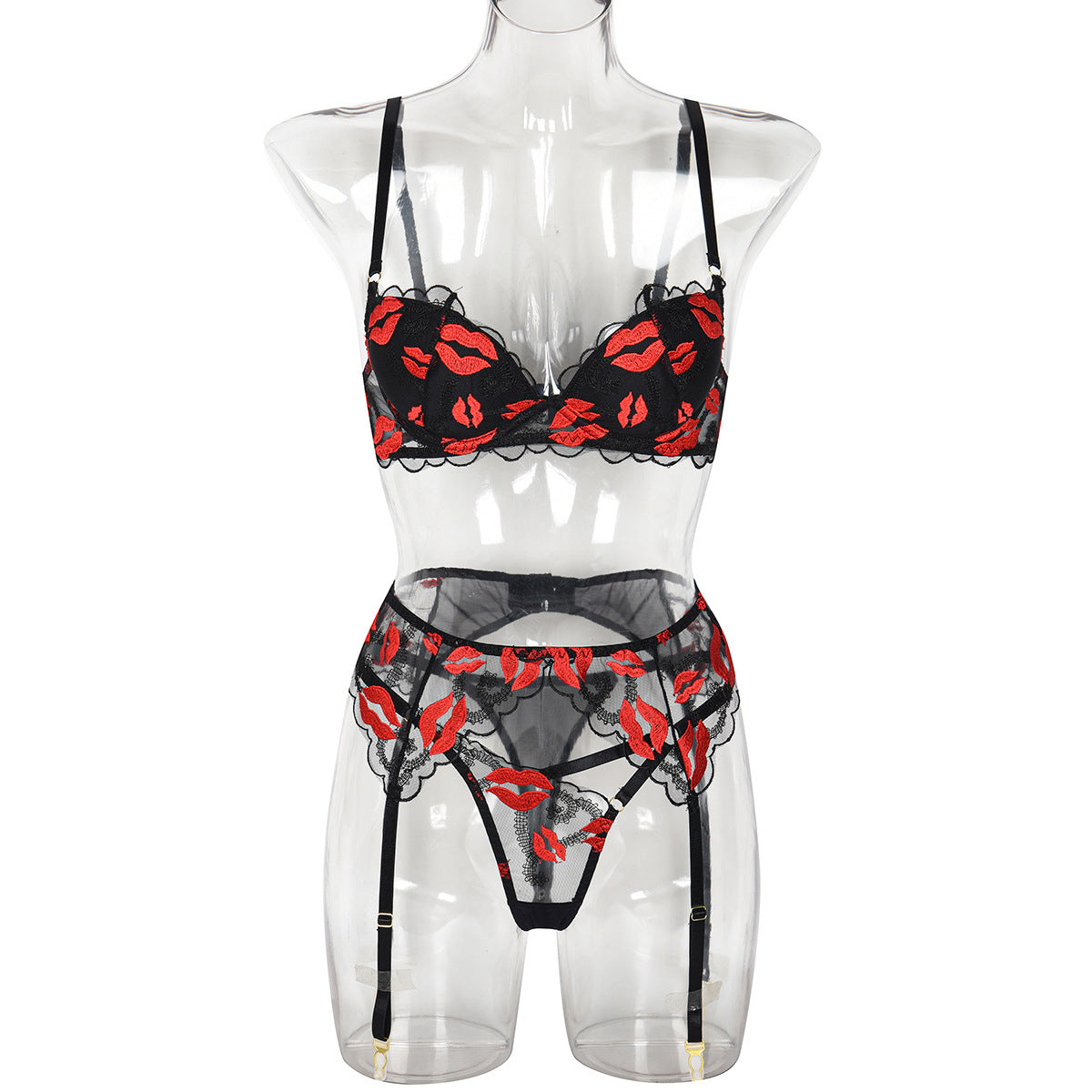 Red Lips Embroidery Gathered Molded Cup Sexy Three-Piece Set eprolo