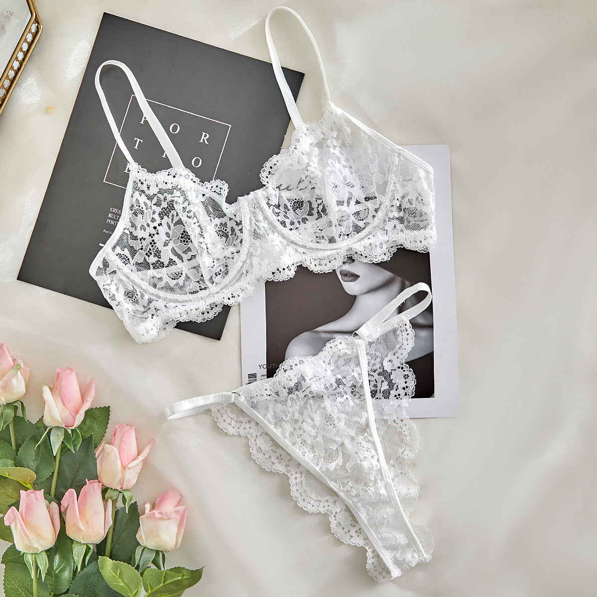 Sheer lingerie set with lace trim for women, featuring a delicate, revealing design from eprolo.