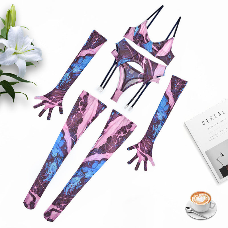 Tie-Dye Colorful Small Bust Gathering Mesh Sexy Lingerie Five-Piece Set for Women eprolo