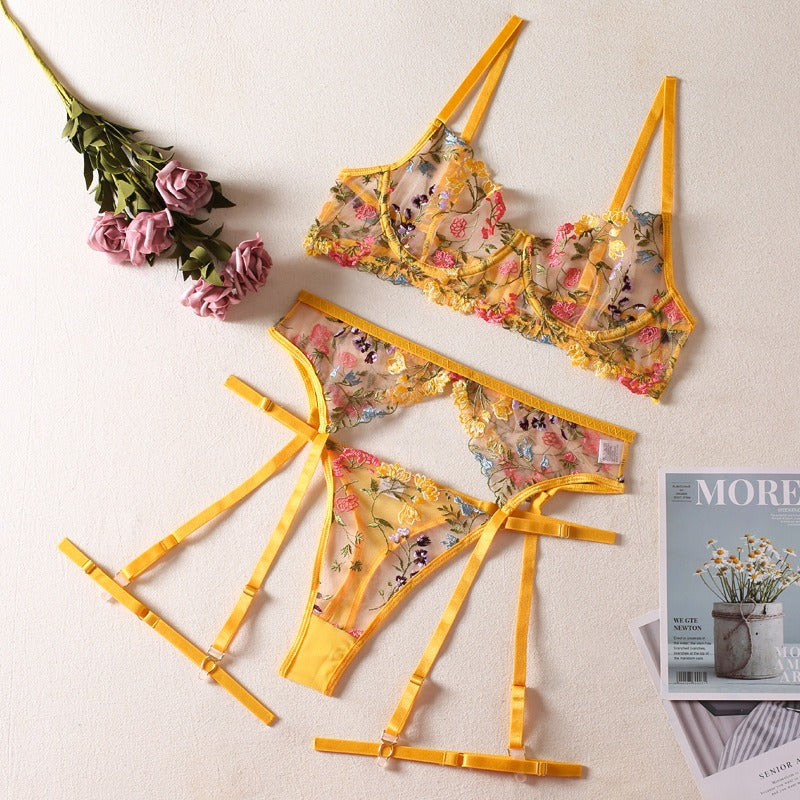 Sexy Perspective Yellow Pastoral Floral Bra Pendant with T-shaped Trousers with Leg Rings Three piece Funny Underwear Set eprolo