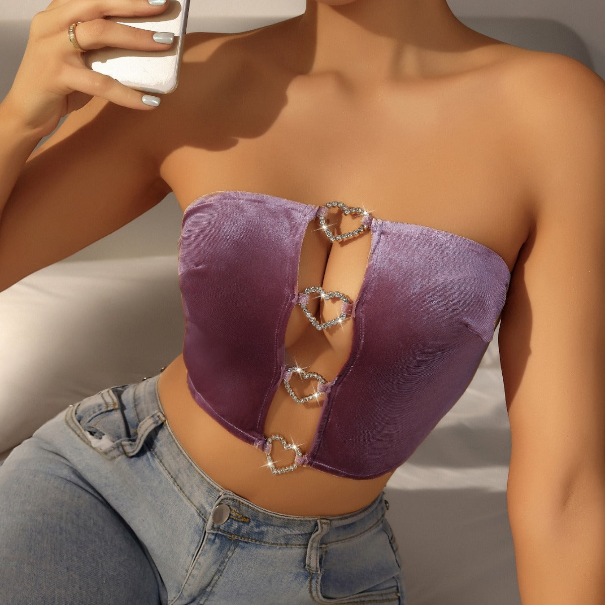 Heart Cut-Out Diamond Strapless Top – Rhinestone Crop Vest in Pink | KYLALINGERIE