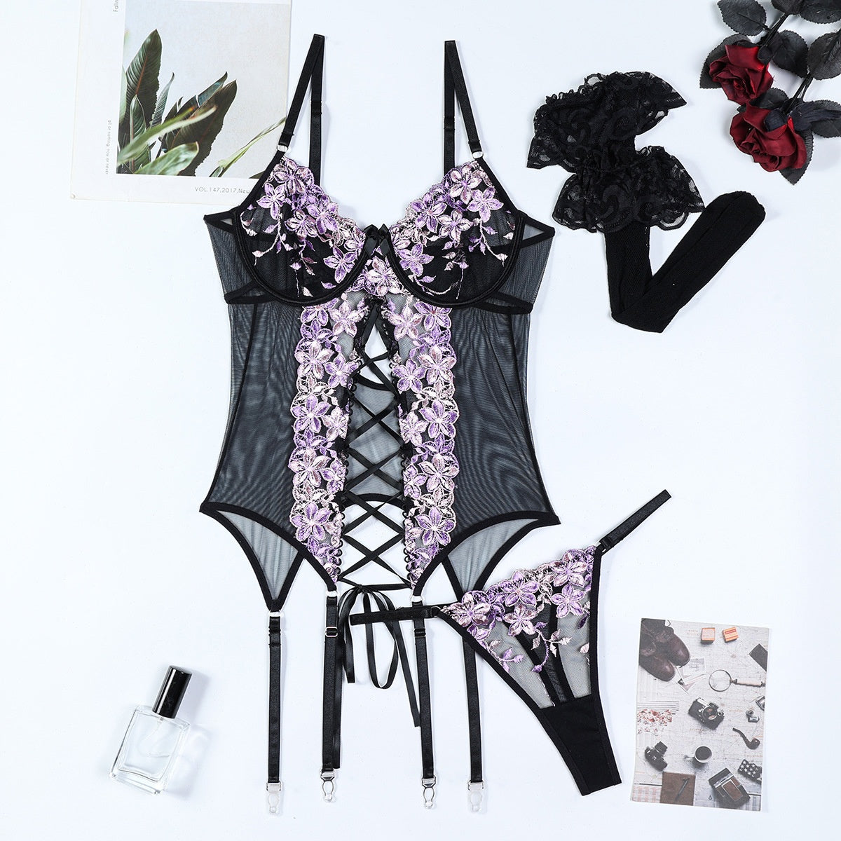 Embroidered Flower Slit Strap Sexy Lingerie European and American Women's Clothing Strap Set Stockings Three-Piece Erotic Set eprolo