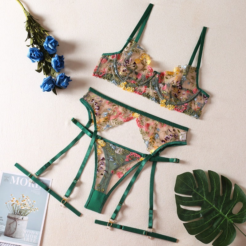 Sexy Perspective Yellow Pastoral Floral Bra Pendant with T-shaped Trousers with Leg Rings Three piece Funny Underwear Set eprolo