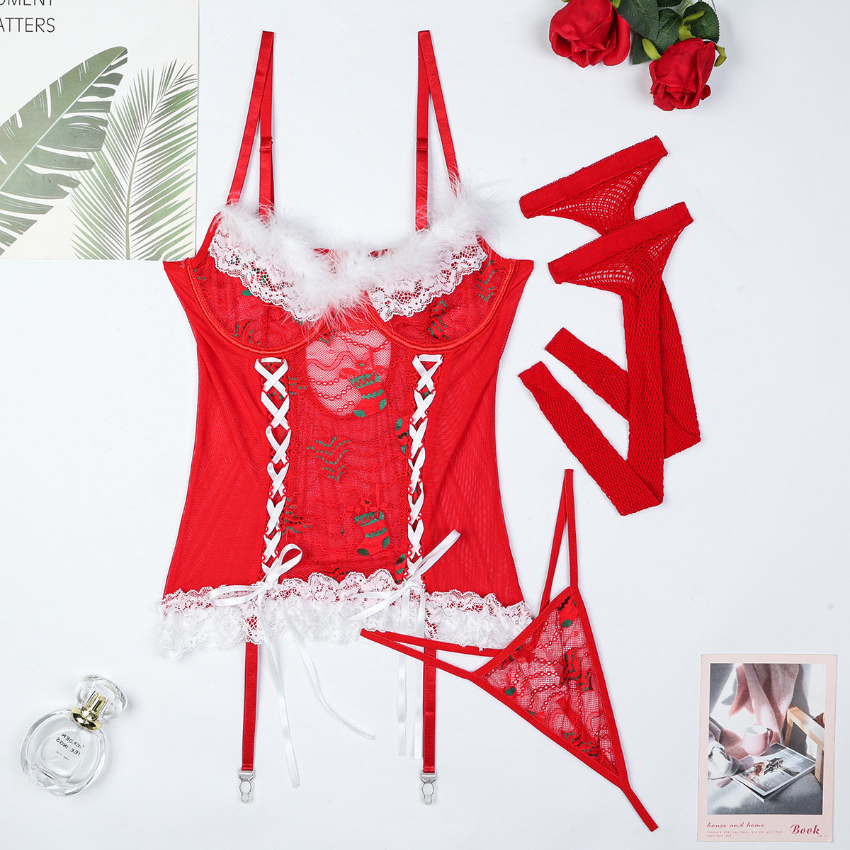 Christmas Red Lace Cross-Band Feather Strap Three-Piece Set eprolo
