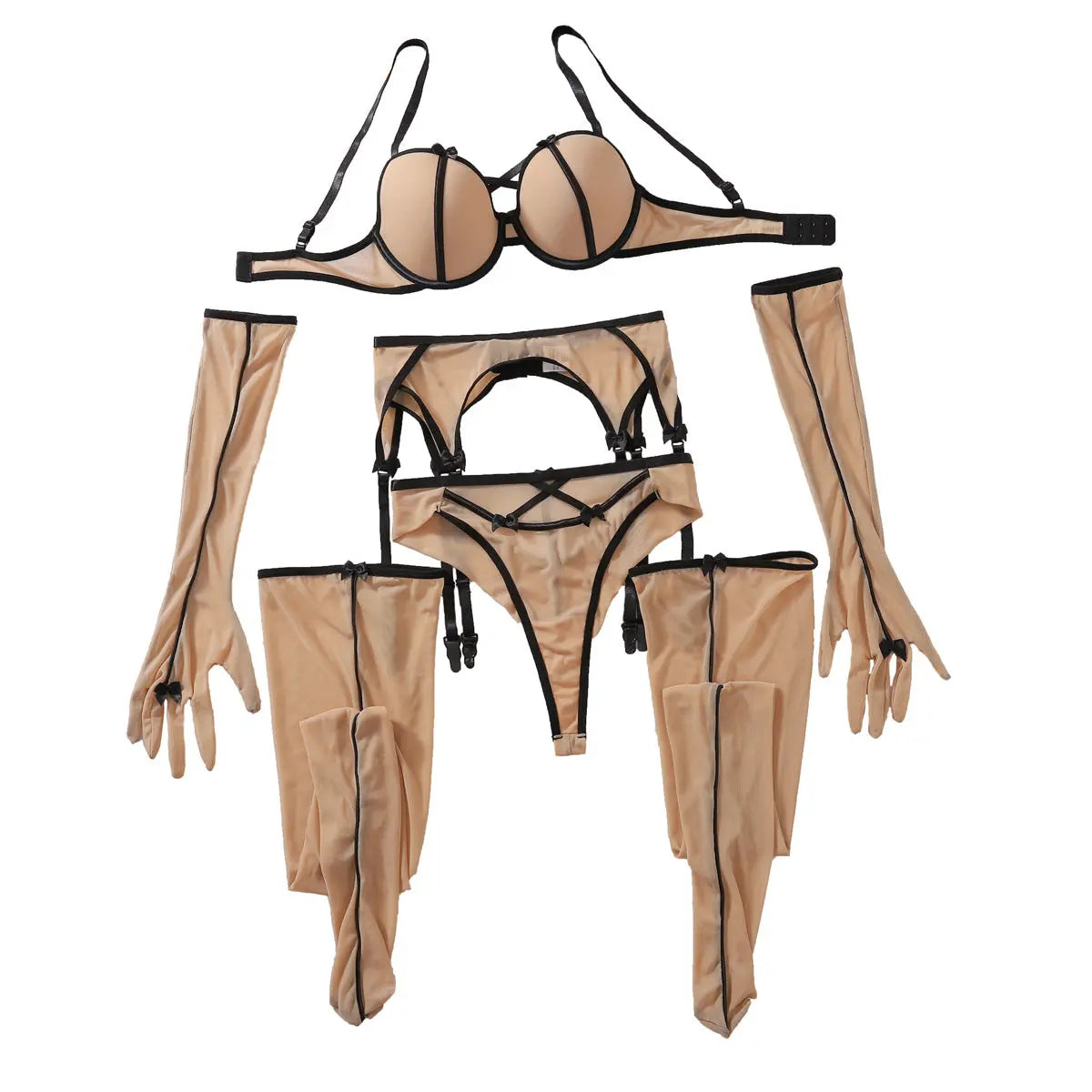 Sexy backless hollow out lingerie with five piece set of spliced gloves eprolo