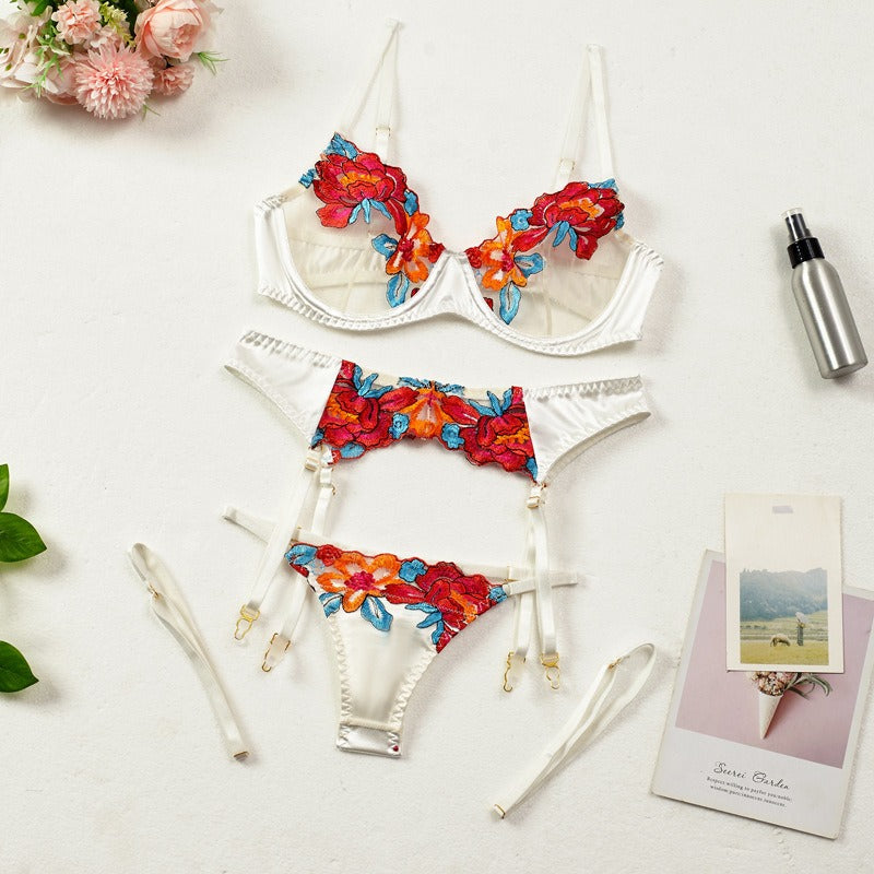 Sexy Colorful Embroidered Large Flowers With Steel Ring Bra Garter Belt Leggings Thong Erotic Underwear 4Pcs Set eprolo